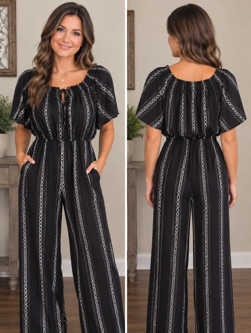 Bailey Blue Women’s Black/White Striped Off-Shoulder Wide-Leg Jumpsuit M